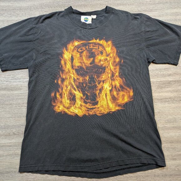 Vintage Terminator 2 3D Universal Studios Graphic Shirt Men's Large Black Skull - Picture 1 of 10